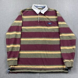 LL Bean Rugby Shirt Mens Large Striped Long Sleeve 100% Cotton Preppy Green Red